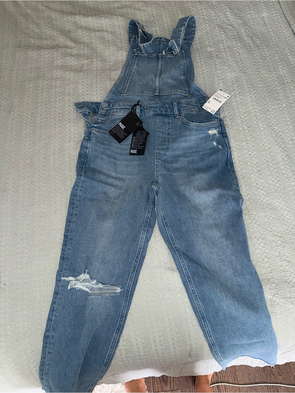 PAIGE Light Blue Distressed Denim Overalls